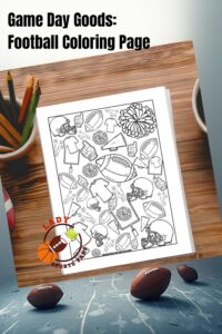 printable football coloring page from the Game Day Goods collection by LadySportsFans. Perfect for relaxing during halftime, keeping the kids entertained, or simply adding your own flair to football season, this high-energy page is packed with classics